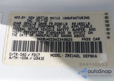 2010 Toyota Corolla S z USA, uszkodzony, nr VIN 1NXBU4EE9AZ349625